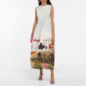 ♧$3,737 NEW OSCAR DE LA RENTA BLUE FLORAL LANDSCAPE MIDI DRESS US S